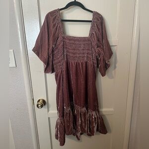 Free People Easy To Love Velvet Mauve Mini Dress with Flared Sleeves